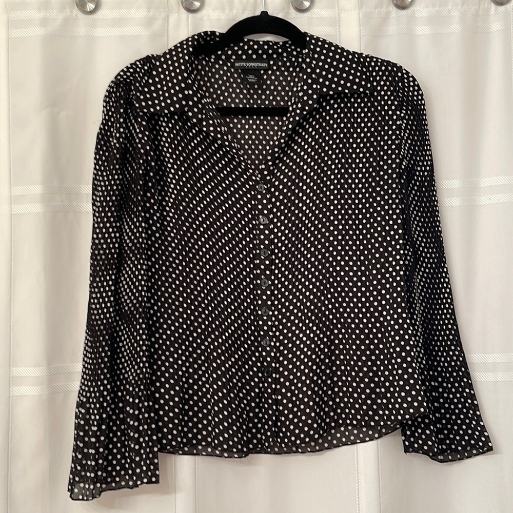 Petite Sophisticate Black and White Polka Dot 12P Blouse